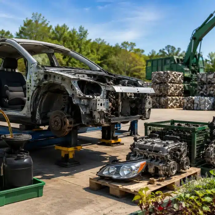Car recycling yard with green space